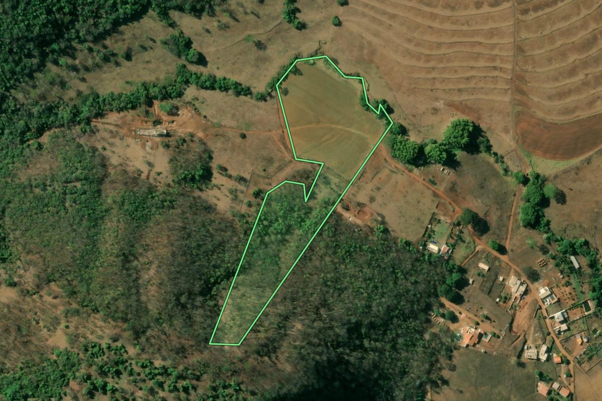 Imagem de satélite do imóvel rural em Rifaina (SP), com o contorno declarado no CAR desenhado por cima.
