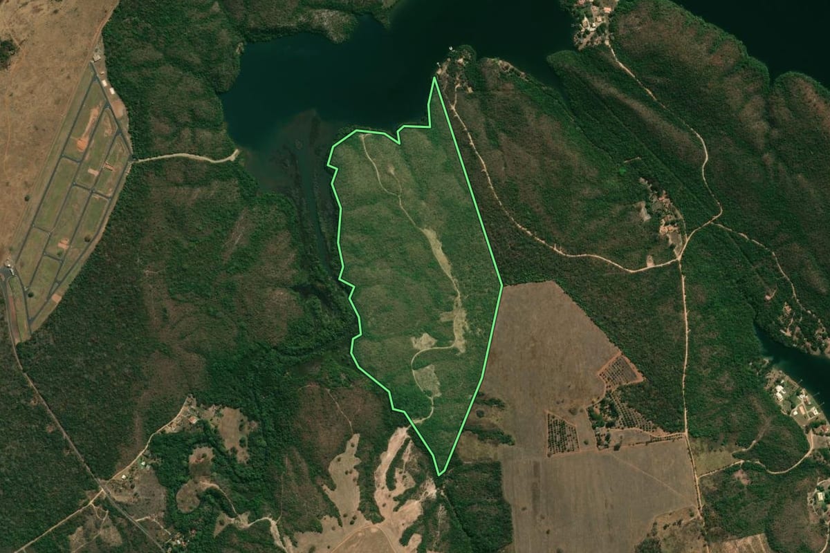 Imagem de satélite do imóvel rural em Rifaina (SP), com o contorno declarado no CAR desenhado por cima.