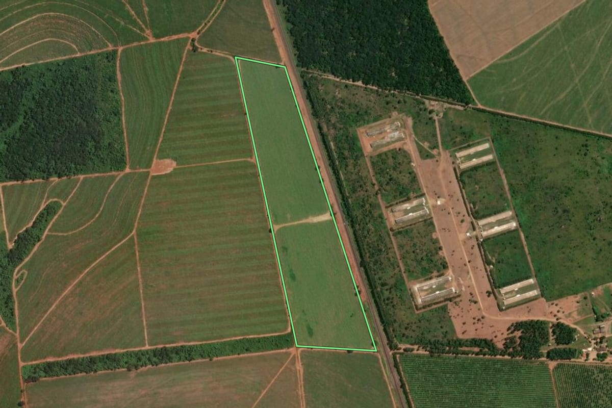 Imagem de satélite do imóvel rural em Rincão (SP), com o contorno declarado no CAR desenhado por cima.
