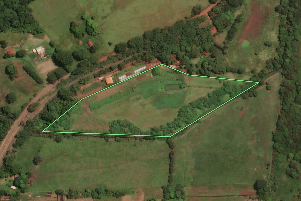 Imagem de satélite do imóvel rural em Rincão (SP), com o contorno declarado no CAR desenhado por cima.