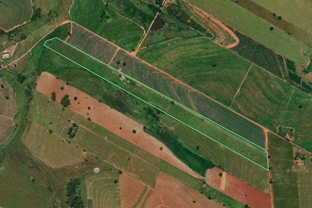 Imagem de satélite do imóvel rural em Rinópolis (SP), com o contorno declarado no CAR desenhado por cima.