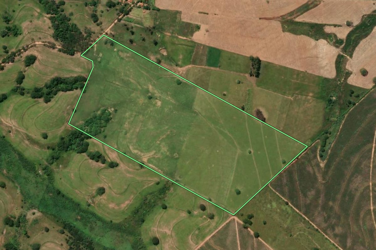 Imagem de satélite do imóvel rural em Rinópolis (SP), com o contorno declarado no CAR desenhado por cima.