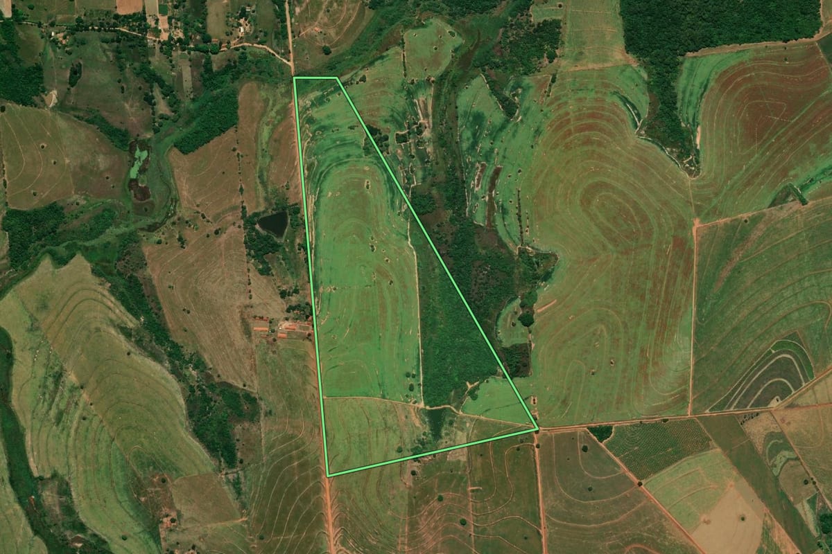 Imagem de satélite do imóvel rural em Rinópolis (SP), com o contorno declarado no CAR desenhado por cima.