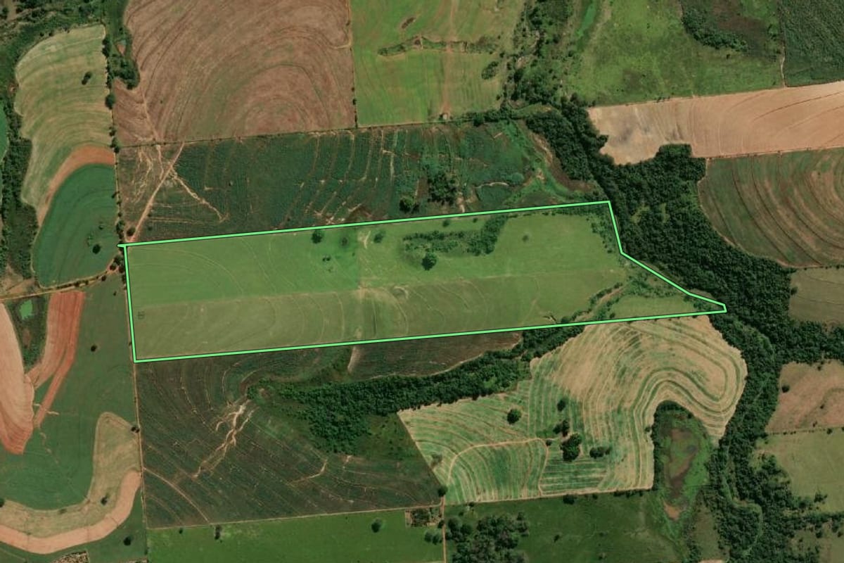 Imagem de satélite do imóvel rural em Rinópolis (SP), com o contorno declarado no CAR desenhado por cima.