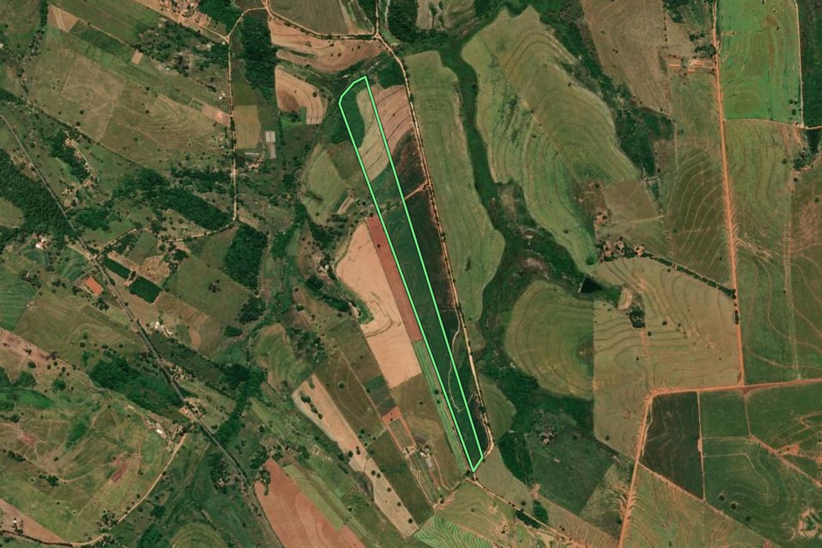 Imagem de satélite do imóvel rural em Rinópolis (SP), com o contorno declarado no CAR desenhado por cima.