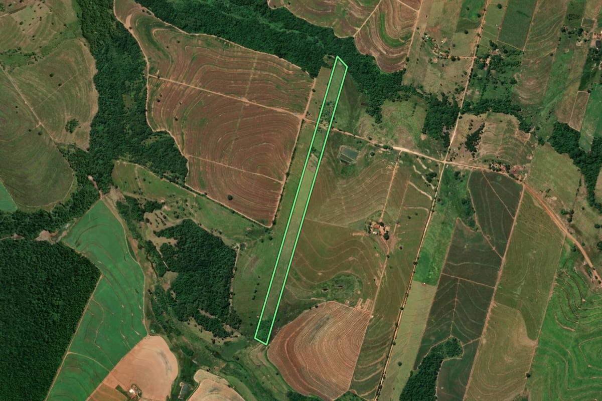 Imagem de satélite do imóvel rural em Rinópolis (SP), com o contorno declarado no CAR desenhado por cima.
