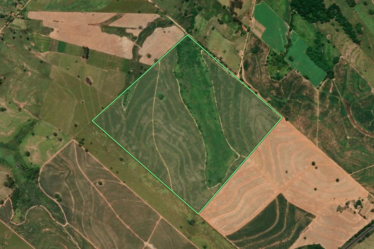 Imagem de satélite do imóvel rural em Rinópolis (SP), com o contorno declarado no CAR desenhado por cima.