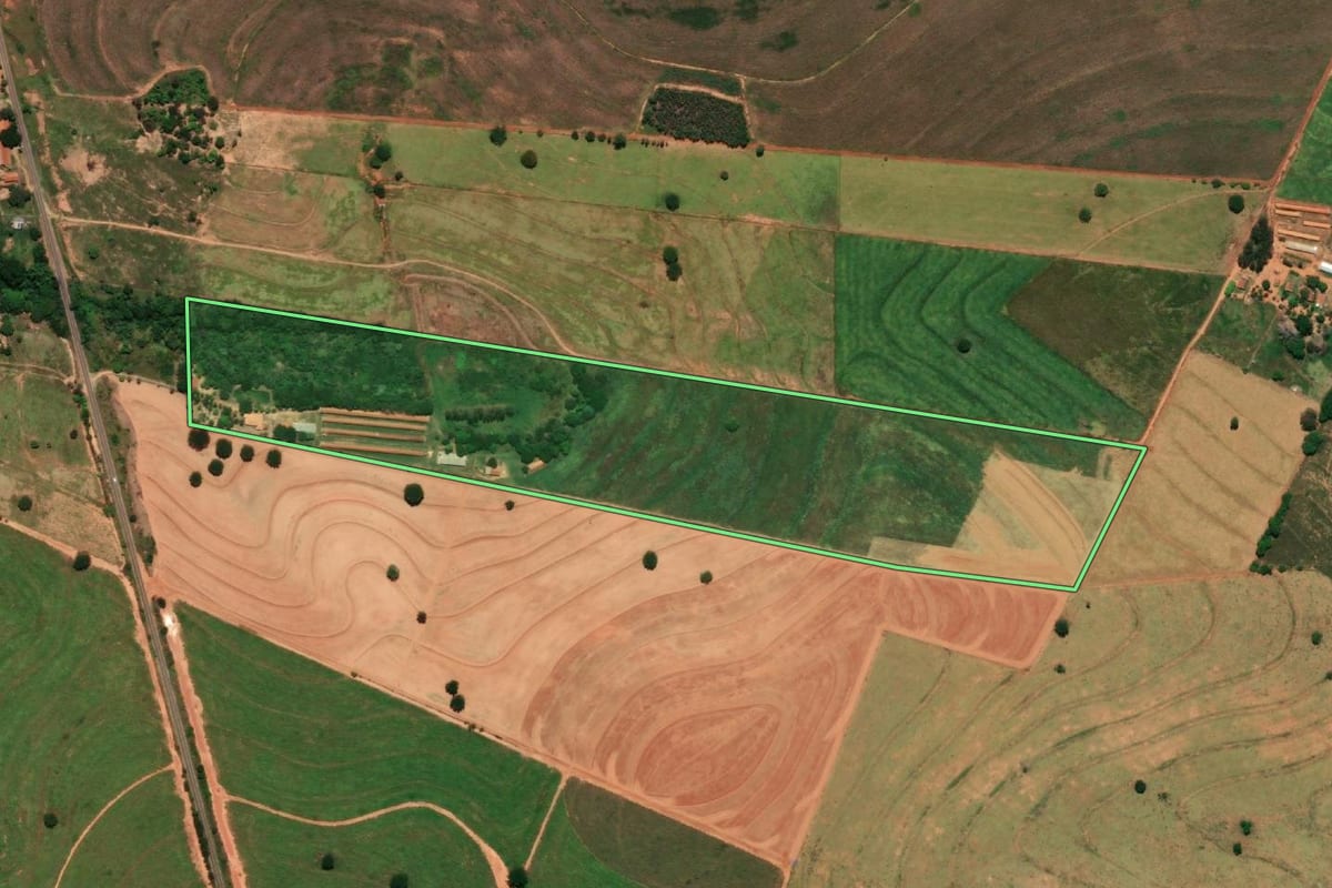 Imagem de satélite do imóvel rural em Rinópolis (SP), com o contorno declarado no CAR desenhado por cima.