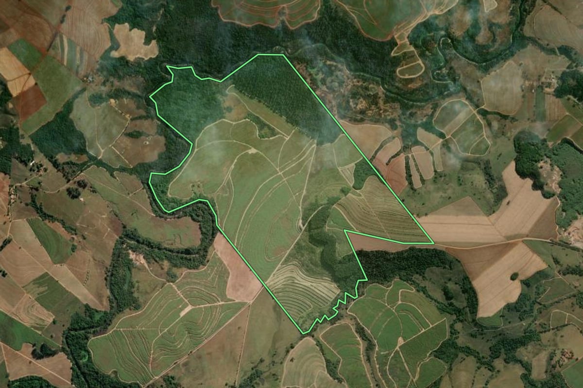 Imagem de satélite do imóvel rural em Rio Claro (SP), com o contorno declarado no CAR desenhado por cima.