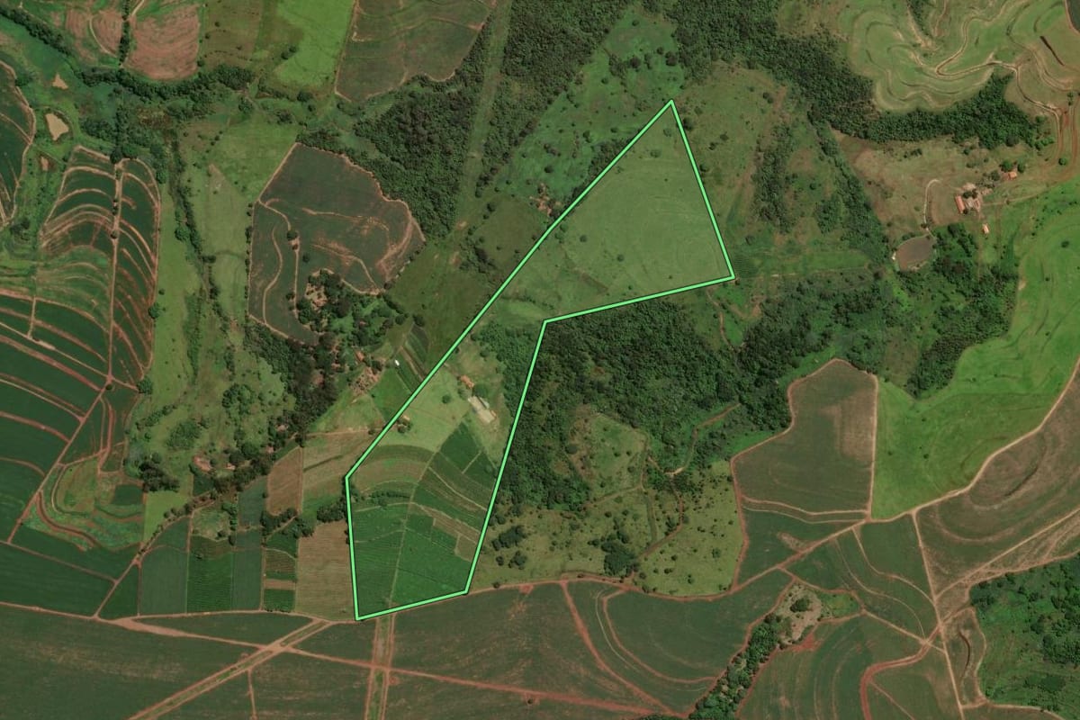 Imagem de satélite do imóvel rural em Rio Claro (SP), com o contorno declarado no CAR desenhado por cima.