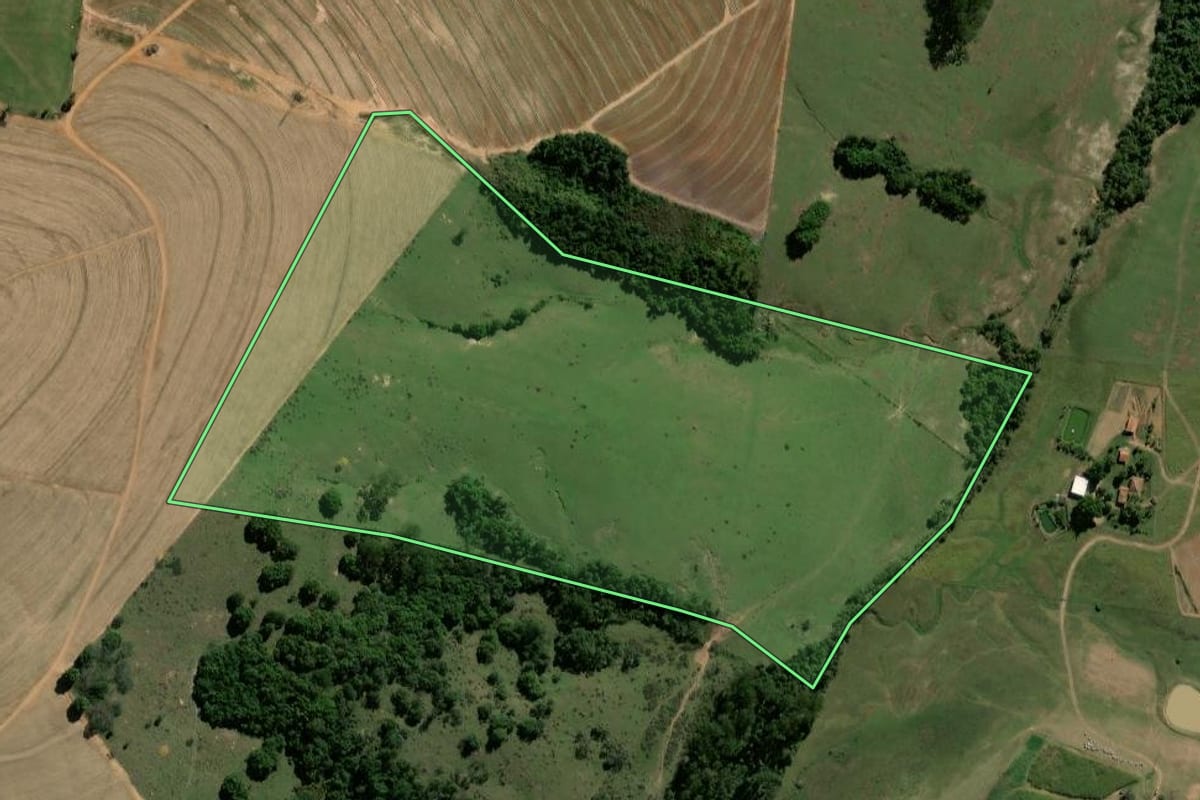 Imagem de satélite do imóvel rural em Rio Claro (SP), com o contorno declarado no CAR desenhado por cima.