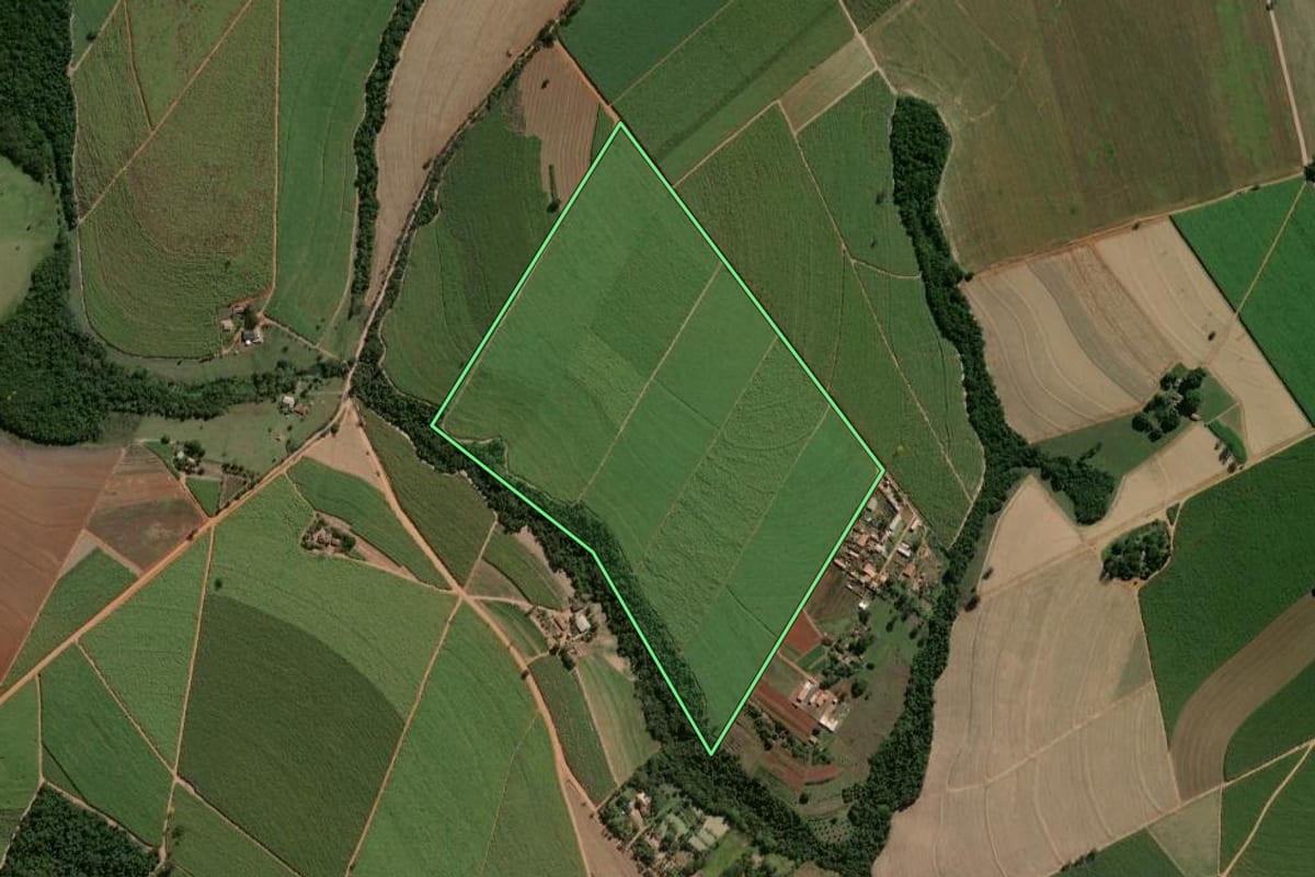 Imagem de satélite do imóvel rural em Rio Claro (SP), com o contorno declarado no CAR desenhado por cima.