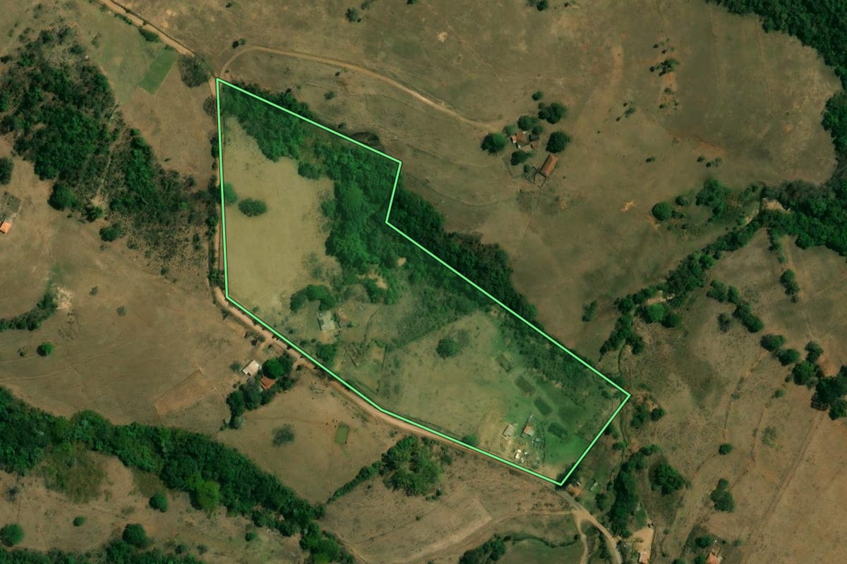 Imagem de satélite do imóvel rural em Rio Claro (SP), com o contorno declarado no CAR desenhado por cima.