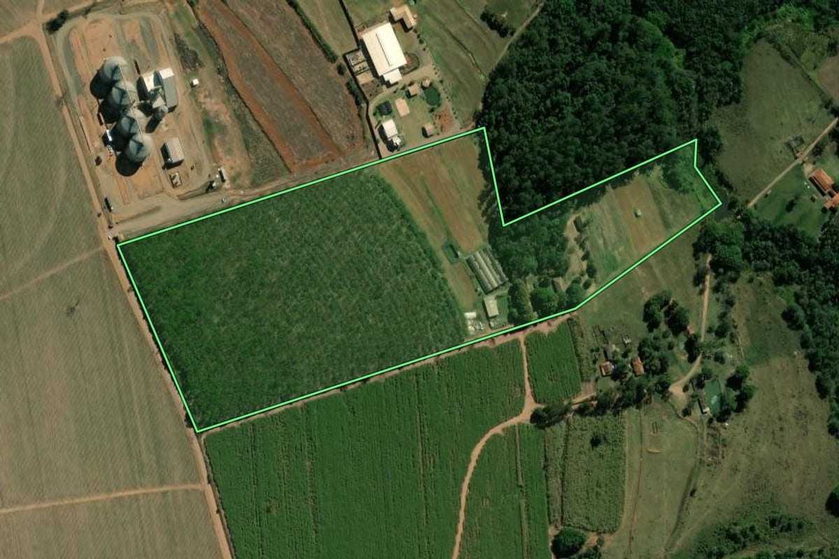 Imagem de satélite do imóvel rural em Rio Claro (SP), com o contorno declarado no CAR desenhado por cima.