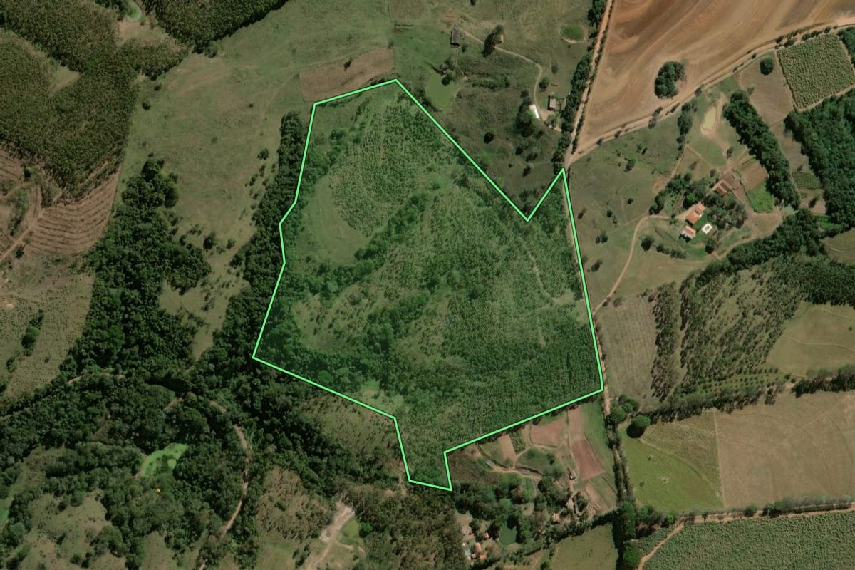 Imagem de satélite do imóvel rural em Rio Claro (SP), com o contorno declarado no CAR desenhado por cima.