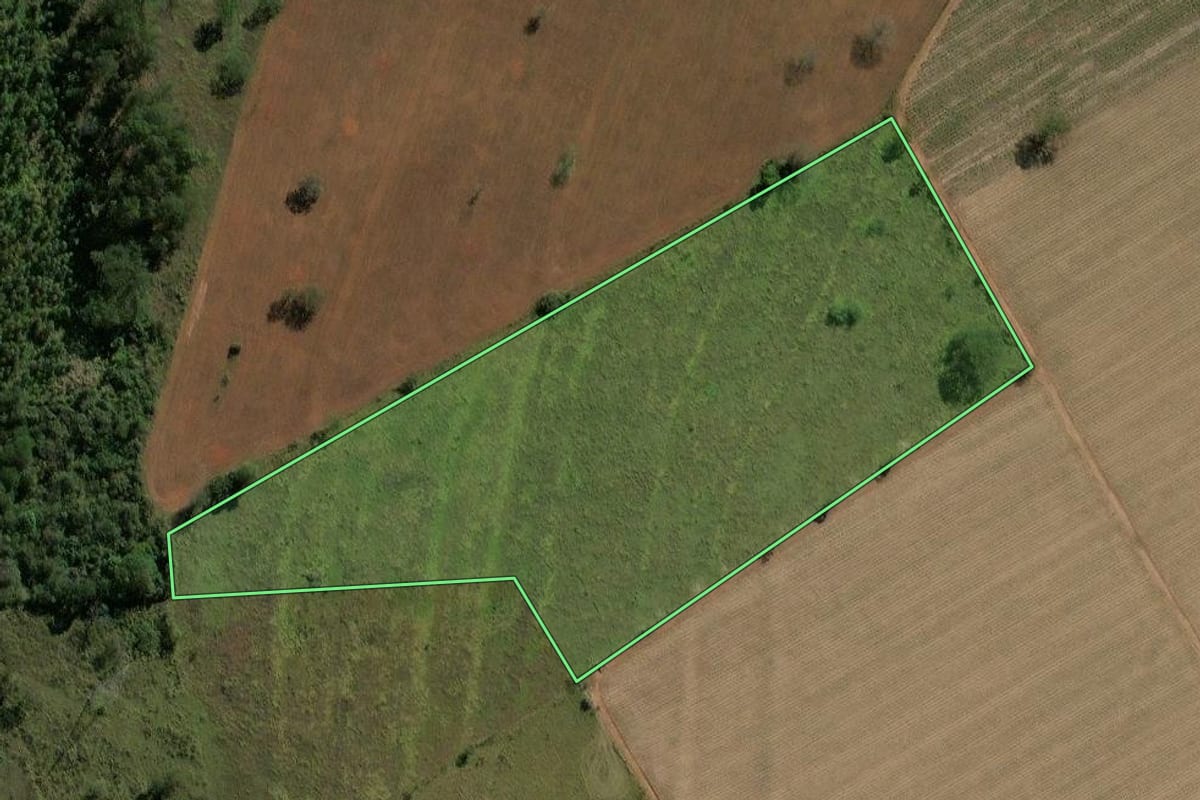 Imagem de satélite do imóvel rural em Rio Claro (SP), com o contorno declarado no CAR desenhado por cima.