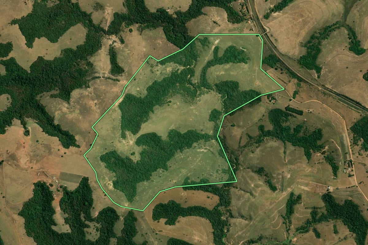 Imagem de satélite do imóvel rural em Rio Claro (SP), com o contorno declarado no CAR desenhado por cima.