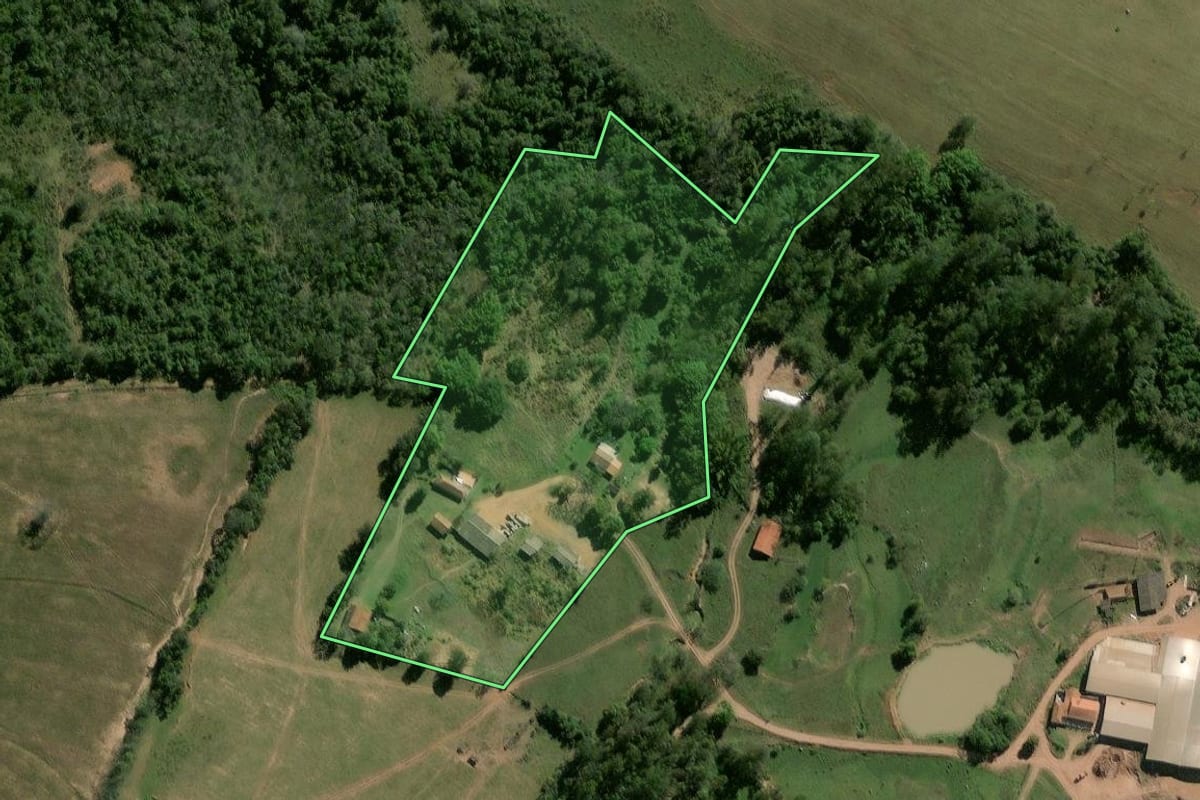 Imagem de satélite do imóvel rural em Rio Claro (SP), com o contorno declarado no CAR desenhado por cima.
