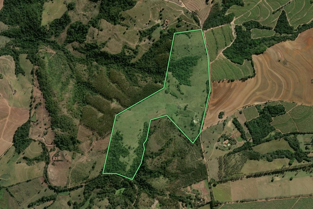 Imagem de satélite do imóvel rural em Rio Claro (SP), com o contorno declarado no CAR desenhado por cima.