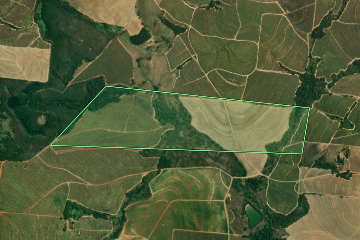 Imagem de satélite do imóvel rural em Rio das Pedras (SP), com o contorno declarado no CAR desenhado por cima.