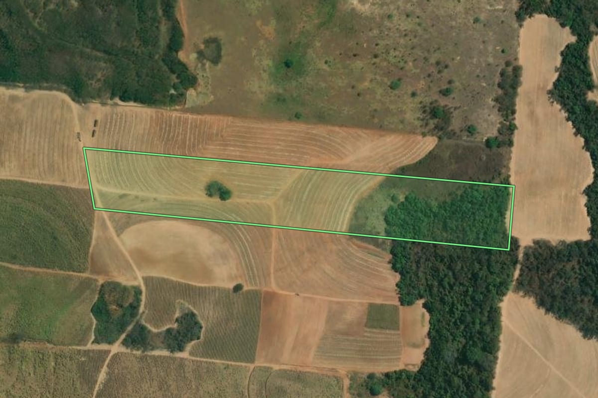 Imagem de satélite do imóvel rural em Rio das Pedras (SP), com o contorno declarado no CAR desenhado por cima.