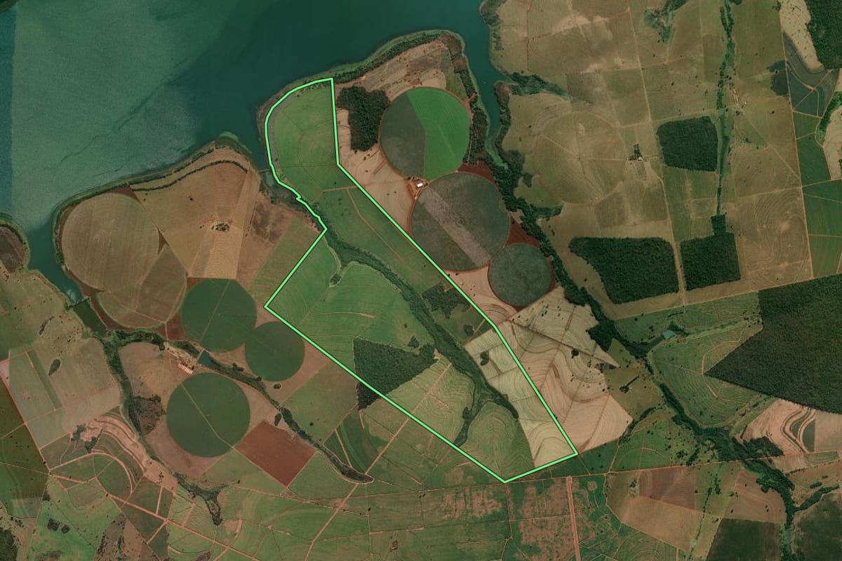 Imagem de satélite do imóvel rural em Riolândia (SP), com o contorno declarado no CAR desenhado por cima.