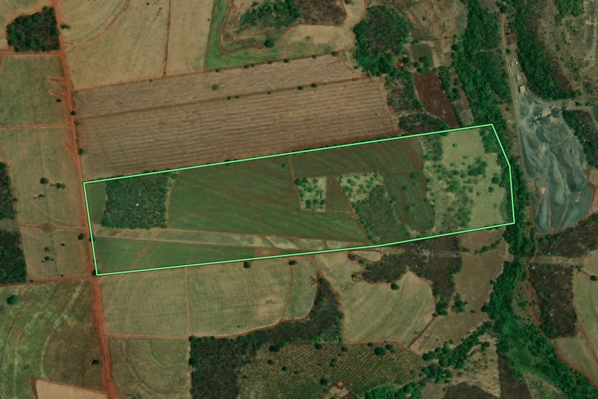 Imagem de satélite do imóvel rural em Riolândia (SP), com o contorno declarado no CAR desenhado por cima.