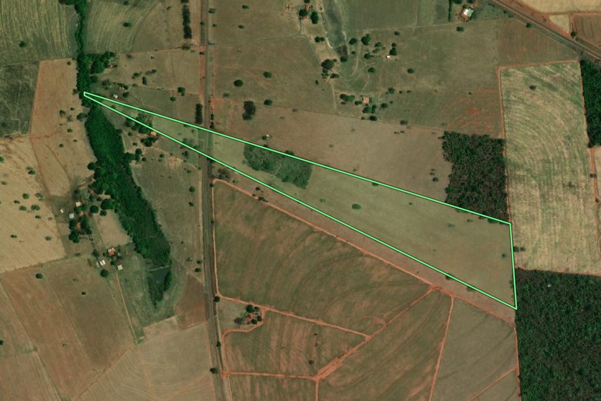 Imagem de satélite do imóvel rural em Riolândia (SP), com o contorno declarado no CAR desenhado por cima.