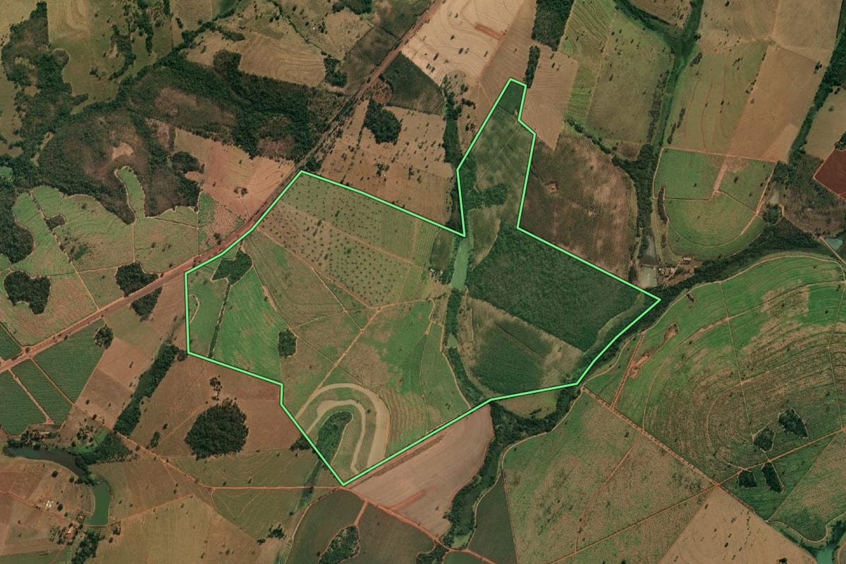 Imagem de satélite do imóvel rural em Riolândia (SP), com o contorno declarado no CAR desenhado por cima.