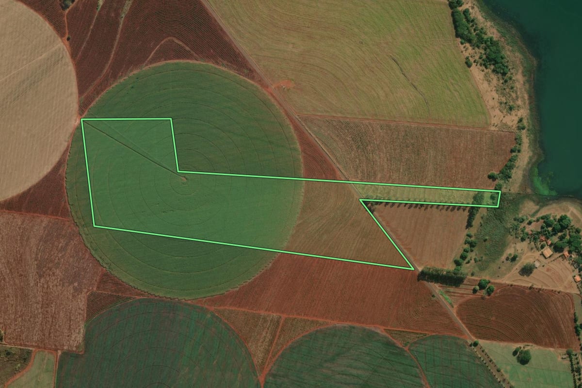 Imagem de satélite do imóvel rural em Riolândia (SP), com o contorno declarado no CAR desenhado por cima.