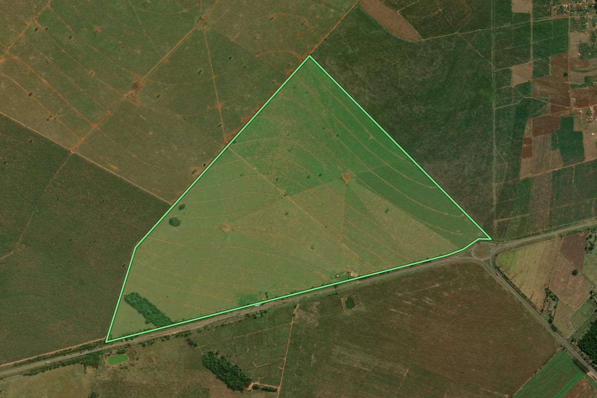 Imagem de satélite do imóvel rural em Rosana (SP), com o contorno declarado no CAR desenhado por cima.