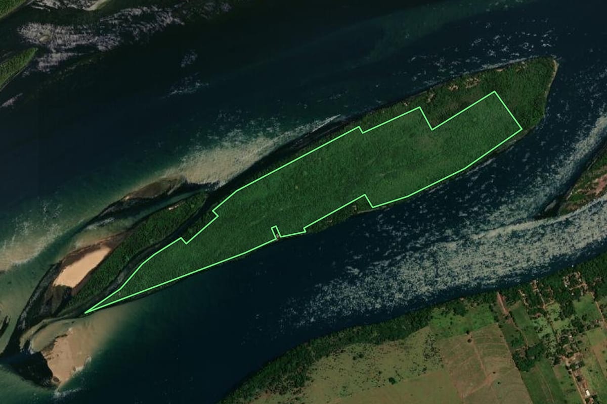 Imagem de satélite do imóvel rural em Rosana (SP), com o contorno declarado no CAR desenhado por cima.