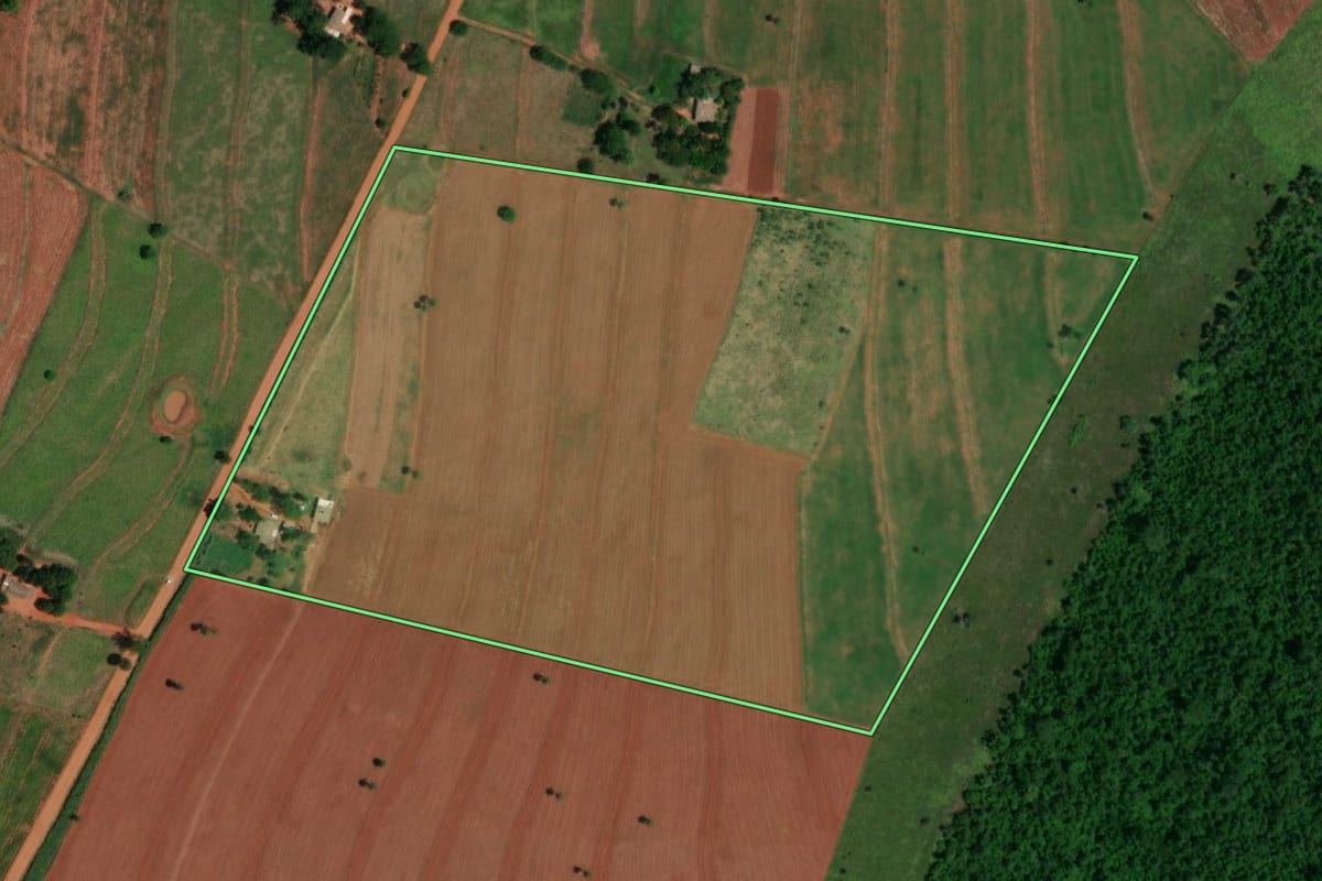 Imagem de satélite do imóvel rural em Rosana (SP), com o contorno declarado no CAR desenhado por cima.