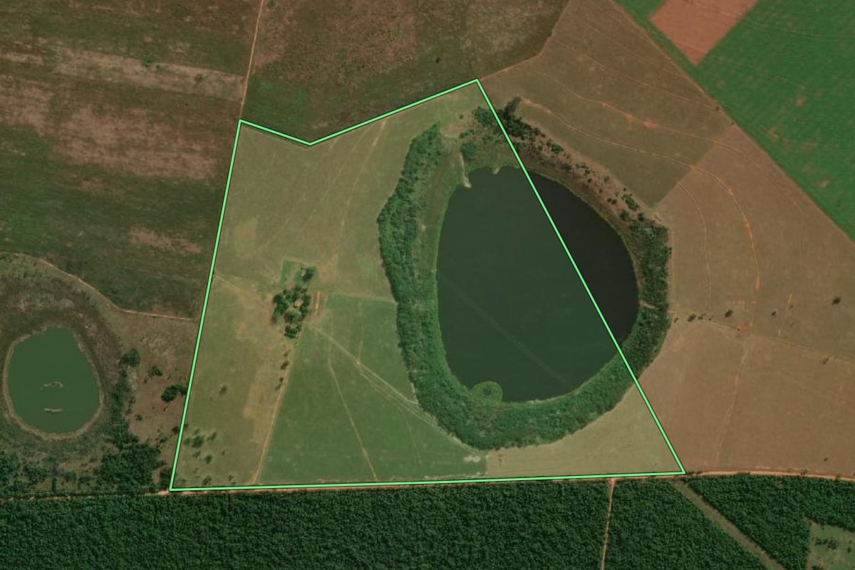 Imagem de satélite do imóvel rural em Rosana (SP), com o contorno declarado no CAR desenhado por cima.