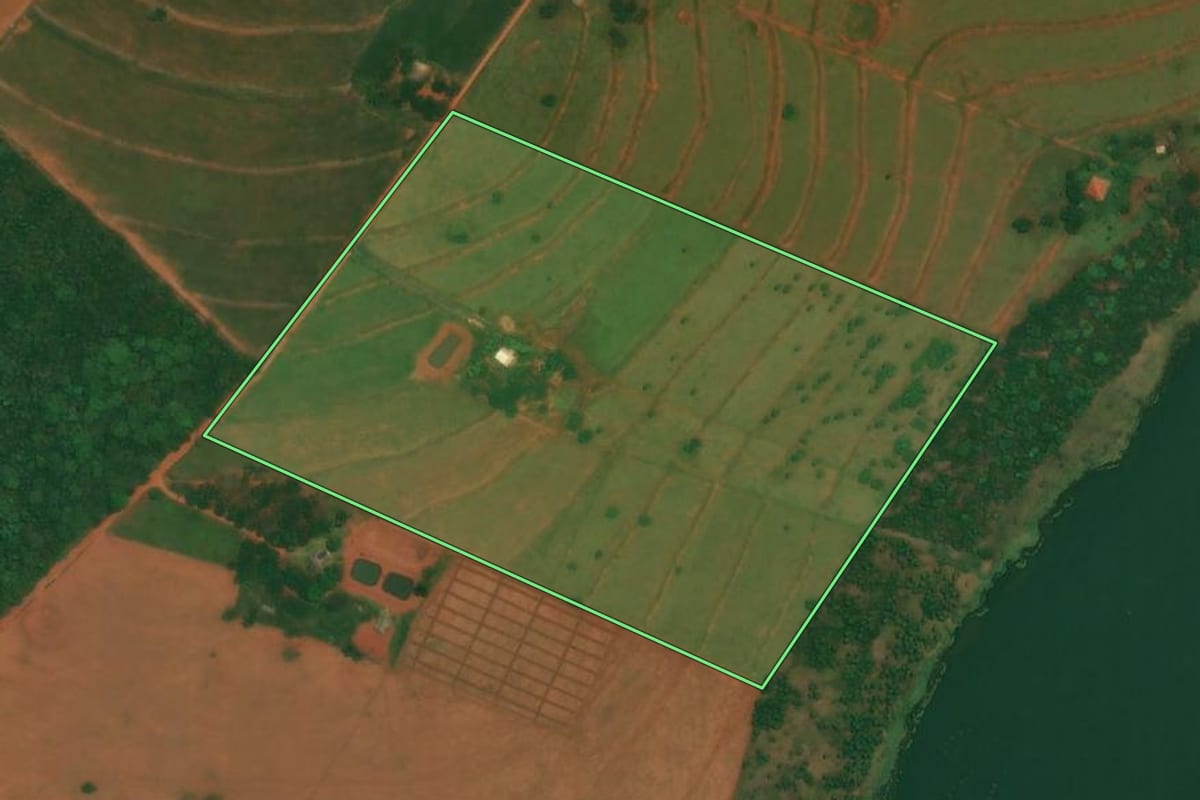 Imagem de satélite do imóvel rural em Rosana (SP), com o contorno declarado no CAR desenhado por cima.