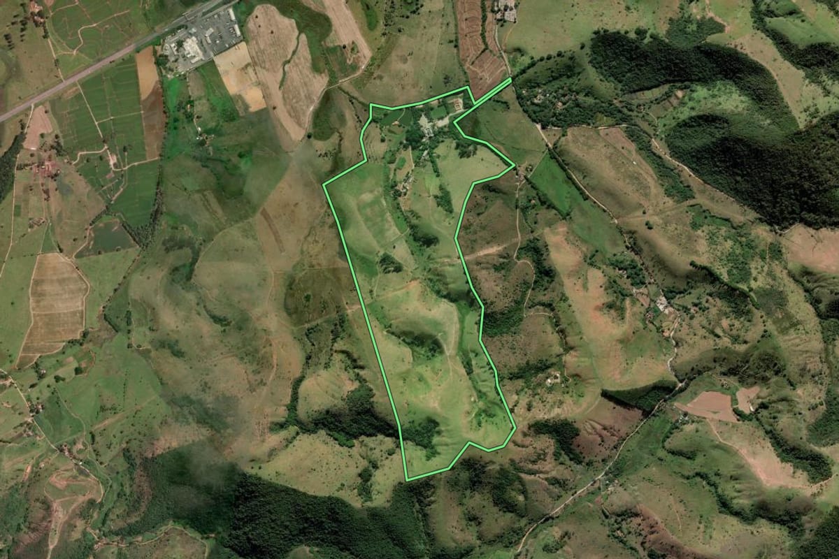 Imagem de satélite do imóvel rural em Roseira (SP), com o contorno declarado no CAR desenhado por cima.