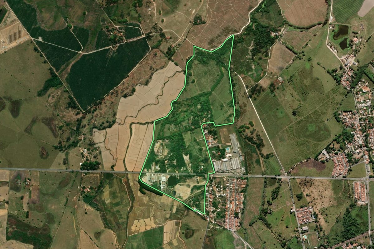 Imagem de satélite do imóvel rural em Roseira (SP), com o contorno declarado no CAR desenhado por cima.