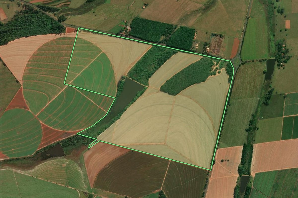 Imagem de satélite do imóvel rural em Rubiácea (SP), com o contorno declarado no CAR desenhado por cima.