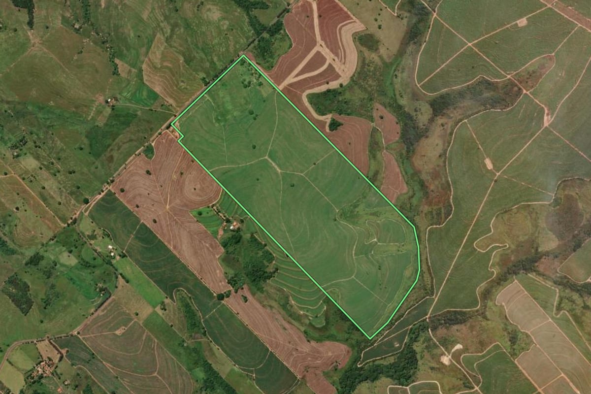 Imagem de satélite do imóvel rural em Rubiácea (SP), com o contorno declarado no CAR desenhado por cima.
