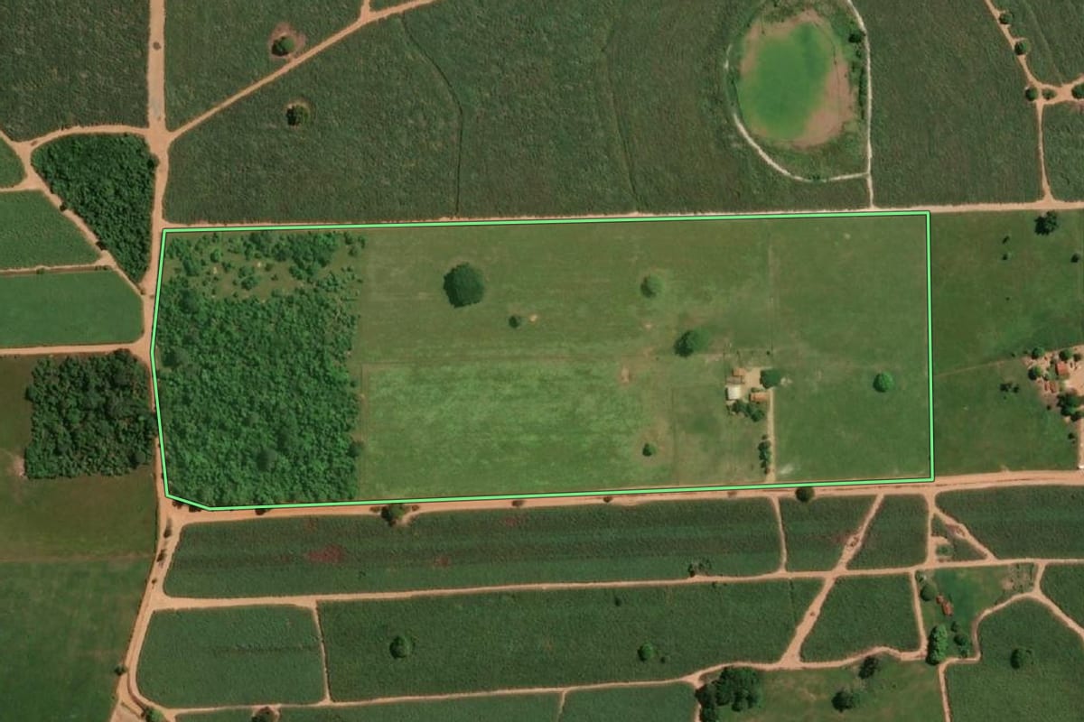 Imagem de satélite do imóvel rural em Sabino (SP), com o contorno declarado no CAR desenhado por cima.