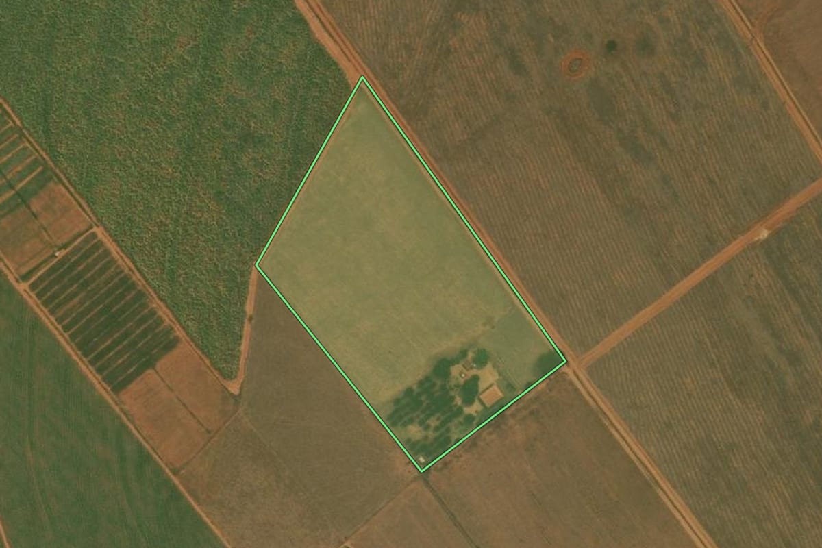 Imagem de satélite do imóvel rural em Sabino (SP), com o contorno declarado no CAR desenhado por cima.