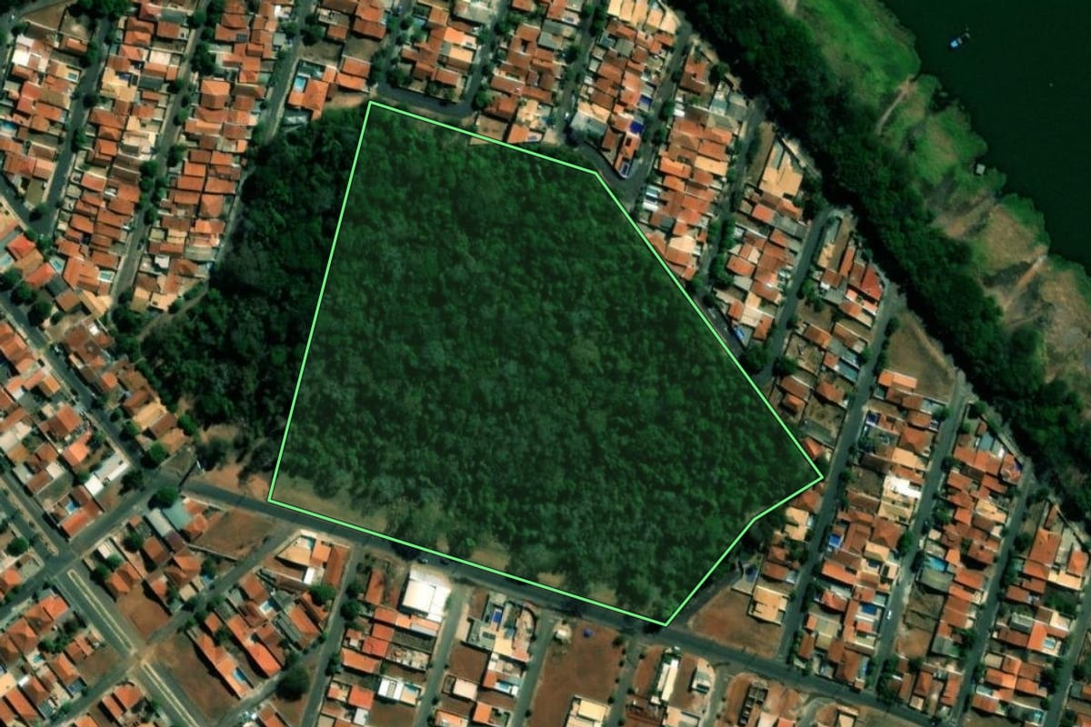 Imagem de satélite do imóvel rural em Sales (SP), com o contorno declarado no CAR desenhado por cima.