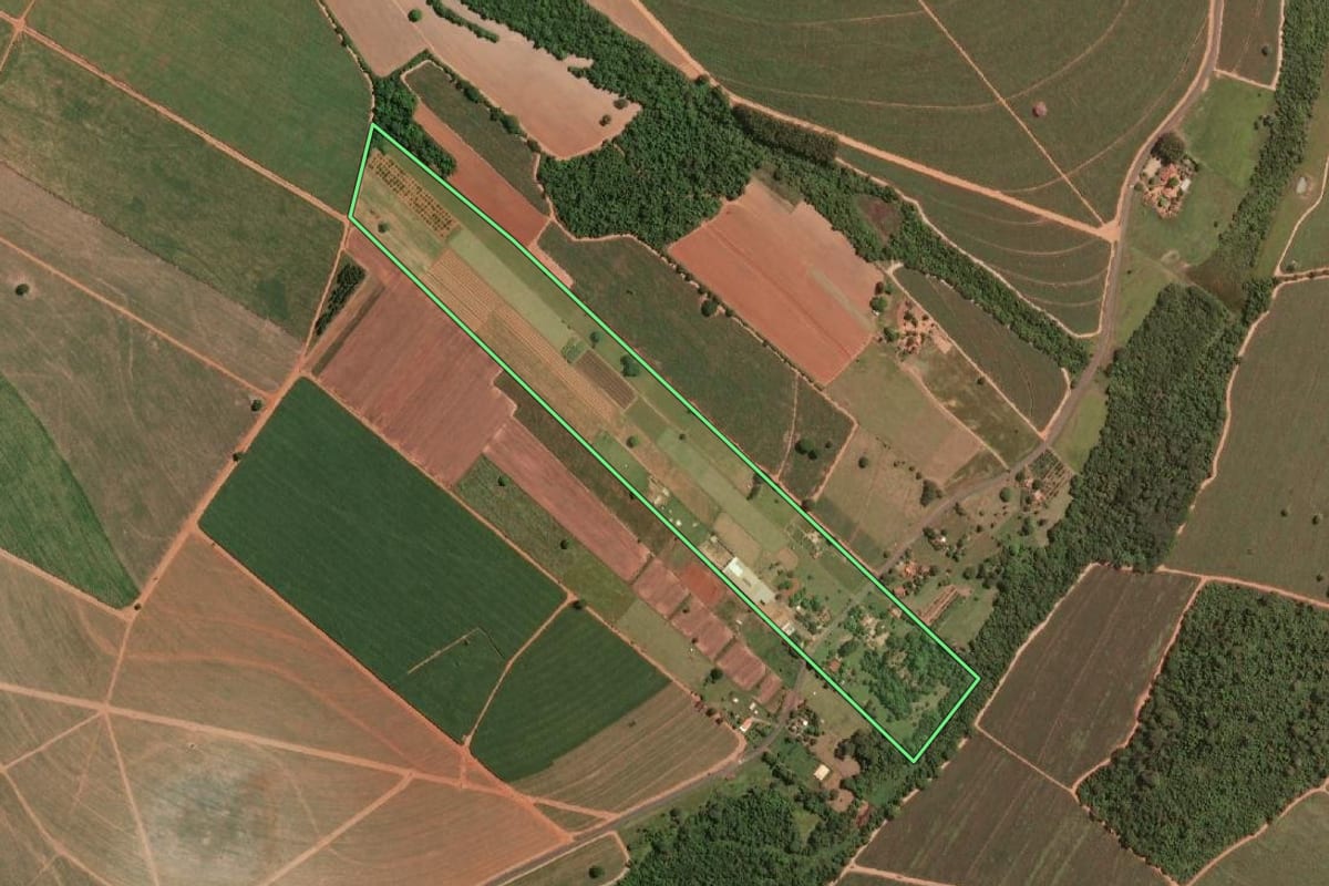 Imagem de satélite do imóvel rural em Sales (SP), com o contorno declarado no CAR desenhado por cima.