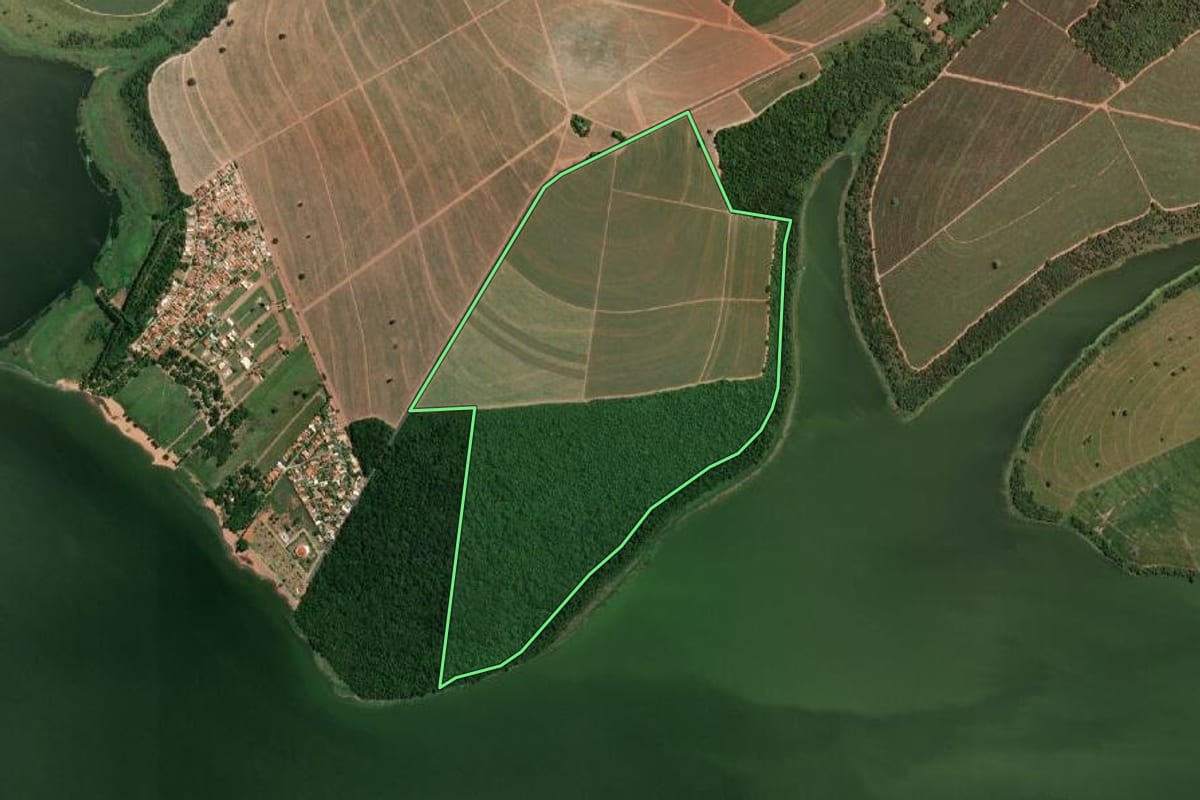 Imagem de satélite do imóvel rural em Sales (SP), com o contorno declarado no CAR desenhado por cima.