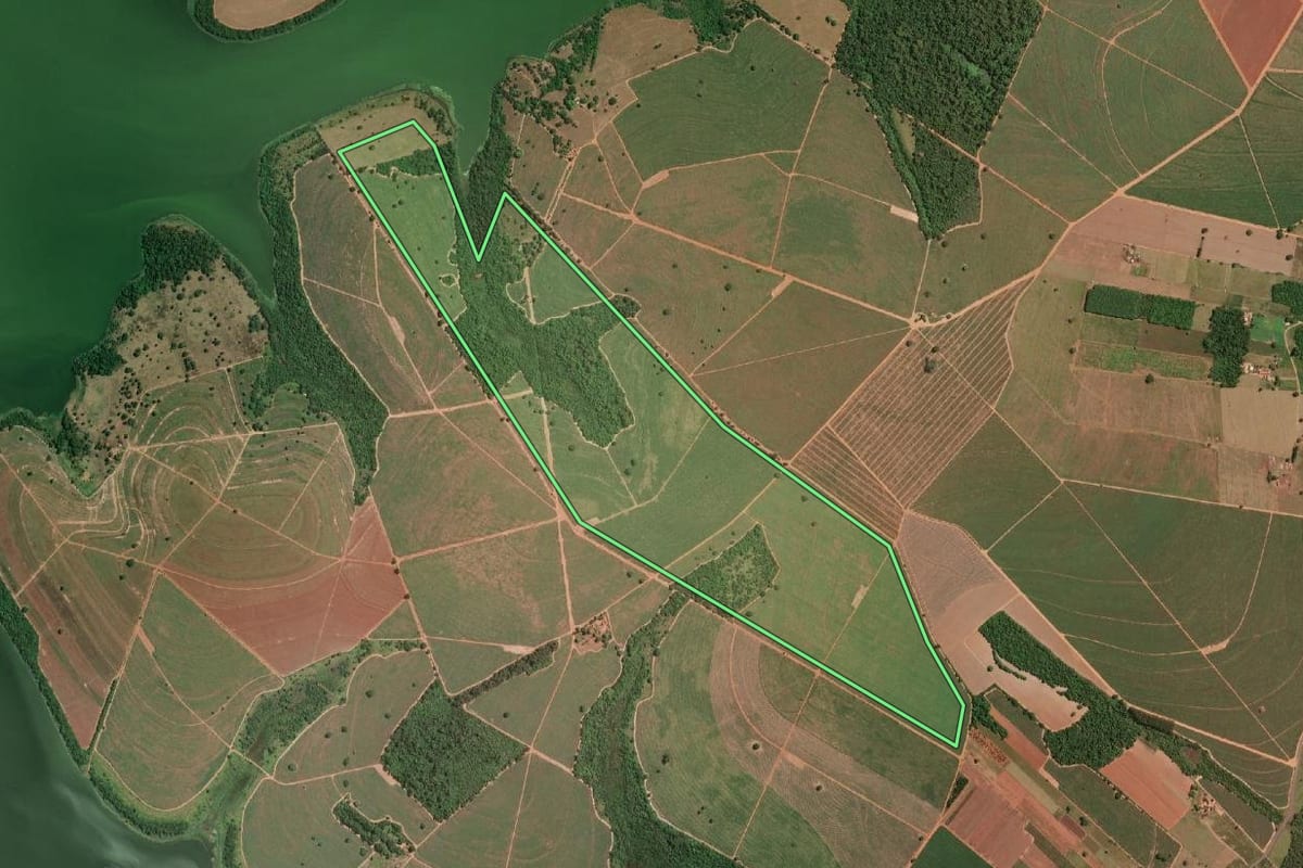 Imagem de satélite do imóvel rural em Sales (SP), com o contorno declarado no CAR desenhado por cima.