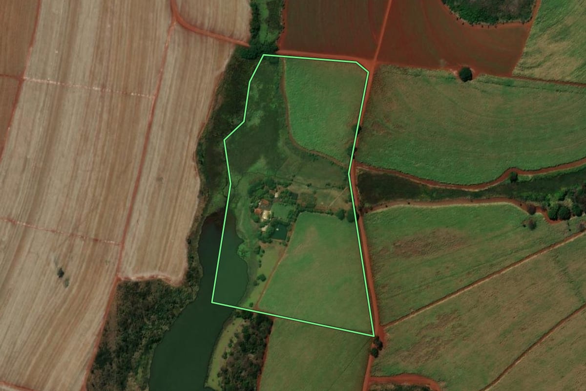 Imagem de satélite do imóvel rural em Sales Oliveira (SP), com o contorno declarado no CAR desenhado por cima.