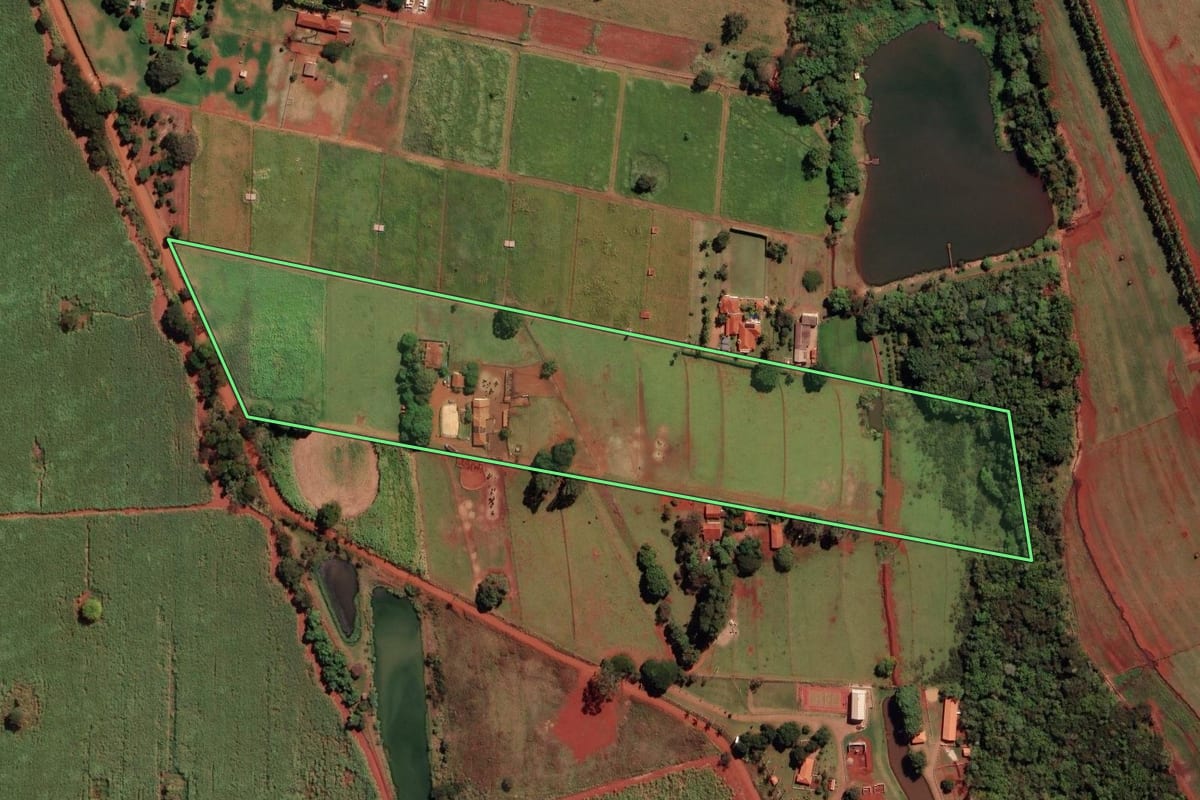 Imagem de satélite do imóvel rural em Sales Oliveira (SP), com o contorno declarado no CAR desenhado por cima.