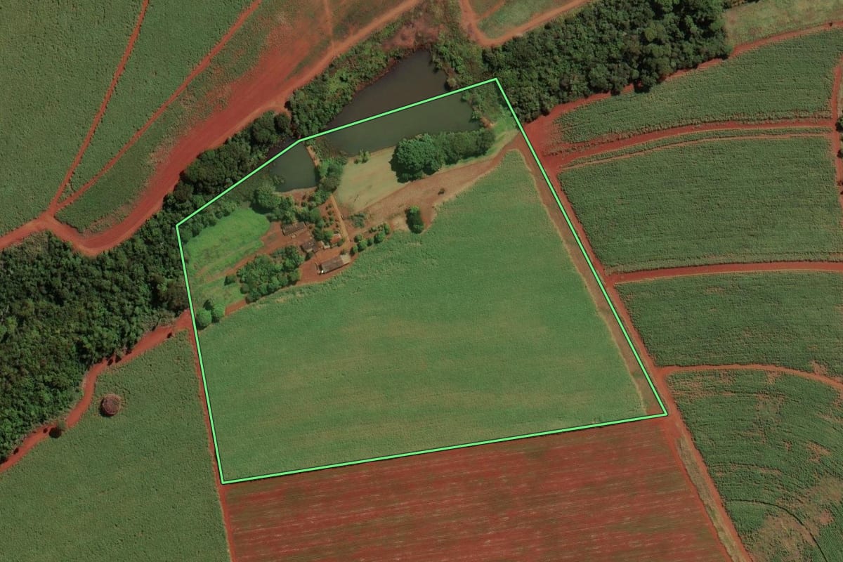 Imagem de satélite do imóvel rural em Sales Oliveira (SP), com o contorno declarado no CAR desenhado por cima.