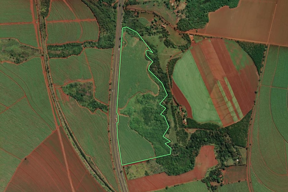 Imagem de satélite do imóvel rural em Sales Oliveira (SP), com o contorno declarado no CAR desenhado por cima.