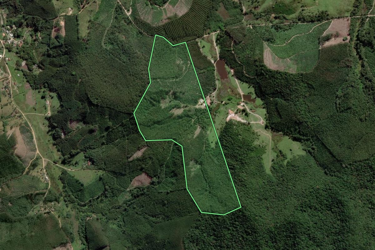 Imagem de satélite do imóvel rural em Salesópolis (SP), com o contorno declarado no CAR desenhado por cima.